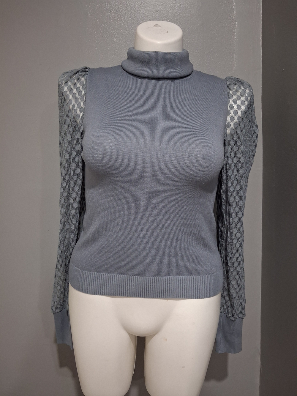 Love Tree Dusty Blue Turtleneck Sweater with Sheer Patterned Sleeves
